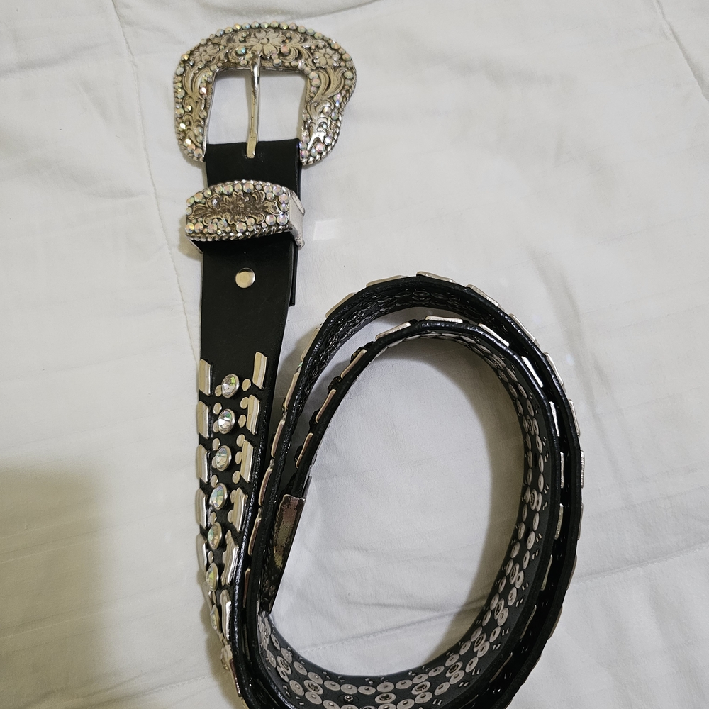 Nocona Black and Silver Leather Western Belt with Ornate Buckle Size M